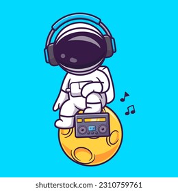 Cute Astronaut Listening Music With Boombox On Moon Cartoon Vector Icon Illustration. Science Music Icon Concept Isolated Premium Vector. Flat Cartoon Style