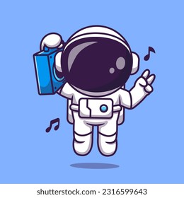 Cute Astronaut Listening Music with Boombox Cartoon Vector Icon Illustration. Science Music Icon Concept Isolated Premium Vector. Flat Cartoon Style