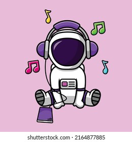 Cute Astronaut Listening Music With Headphone And Handphone Cartoon Vector Icon Illustration. Science Technology Icon Concept Isolated Premium Vector