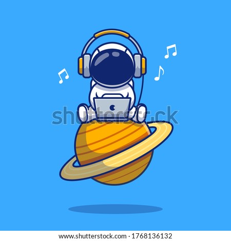 Cute Astronaut Listening Music With Laptop And Headphone Cartoon Vector Icon Illustration. Space Icon Concept Isolated Premium Vector. Flat Cartoon Style 