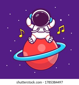 Cute Astronaut Listening Music On The Planet Cartoon Vector Icon Illustration. People Science Space Icon Concept Isolated Premium Vector. Flat Cartoon Style.