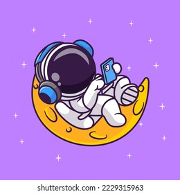 Cute Astronaut Listening Music On Moon With Headphone Cartoon Vector Icon Illustration. Science Technology Icon Concept Isolated Premium Vector. Flat Cartoon Style