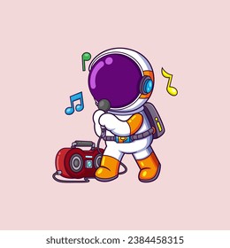 Cute Astronaut Listening Music and singing with Boombox Cartoon of illustration