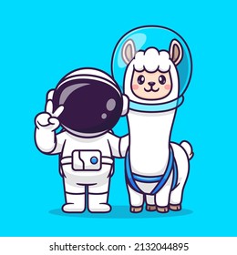 Cute Astronaut With Llama Alpaca Astronaut Cartoon Vector Icon Illustration. Animal Science Icon Concept Isolated Premium Vector. Flat Cartoon Style