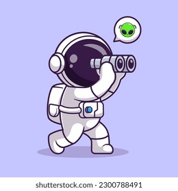 Astronauta Cuidadosa Con Una Ilustración De Icono Del Vector De Caricaturas De Binoculares. Concepto de icono de la tecnología de la ciencia Vector Premium aislado. Estilo de dibujo plano