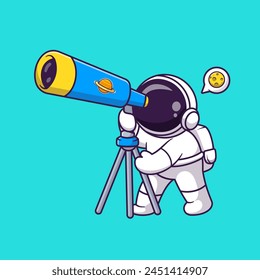 Lindo astronauta mirando a la luna con el telescopio de dibujos animados Ilustración de Vector. Concepto de ícono de Tecnología de Ciencia Vector de Premium aislado. Estilo plano de dibujos animados