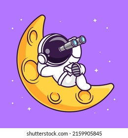 Cute Astronaut Looking Star With Binoculars Cartoon Vector Icon Illustration Science Technology Icon Concept Isolated Premium Vector. Flat Cartoon Style