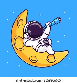 Cute Astronaut Looking Star With Telescope Cartoon Vector Icon Illustration Science Technology Icon Concept Isolated Premium Vector. Flat Cartoon Style