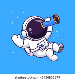 Cute Astronaut Looking with Telescope Cartoon Vector Icon Illustration. Science Technology Icon Concept Isolated Premium Vector. Flat Cartoon Style