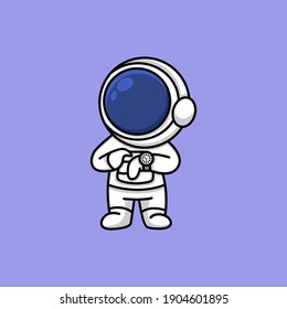 Cute astronaut looking at watch cartoon illustration