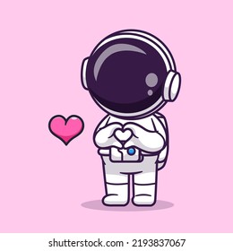 Cute Astronaut With Love Heart Sign Hand Cartoon Vector Icon Illustration Science Technology Icon Concept Isolated Premium Vector. Flat Cartoon Style