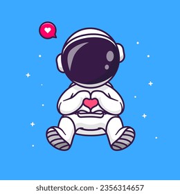 Cute Astronaut Love Heart Sign In Space Cartoon Vector Icon Illustration. Science Technology Icon Concept Isolated Premium Vector. Flat Cartoon Style