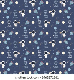 Cute astronaut in love on the space pattern