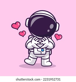 Cute Astronaut With Love Sign Hand Cartoon Vector Icon Illustration. Science Technology Icon Concept Isolated Premium Vector. Flat Cartoon Style