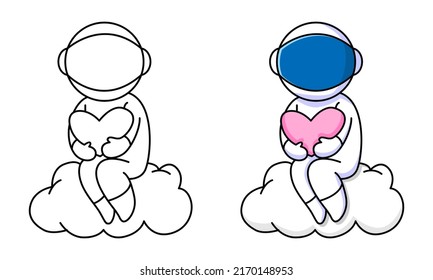 cute astronaut with love sitting on cloud coloring page for kids