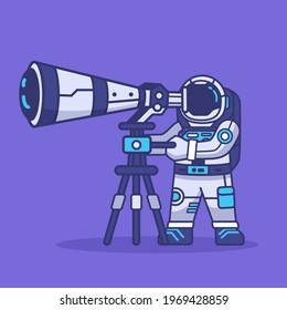cute astronaut mascot cartoon character using telescopes for space research exploration