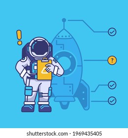 cute astronaut mascot cartoon character checking and maintenance setting rocket concept illustration