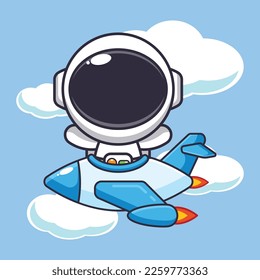 Cute Astronauten Maskottcartoon Charakterfahrt auf Flugzeug Jet. 