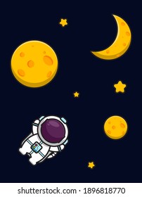 Cute astronaut mascot character flying spaces with yellow moon and star cartoon vector icon illustration. Design isolated on dark blue. Flat cartoon style.