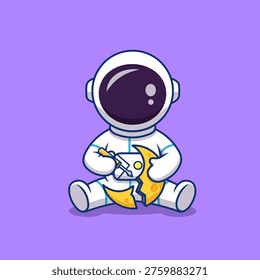 Cute astronaut mascot vector illustration trying to repair a broken crescent moon with tools, creating a playful and imaginative space scene.
