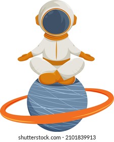 Cute astronaut meditates in a spacesuit and helmet on the planet with a ring. Outer space sticker