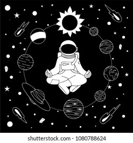 Cute astronaut meditating among stars and inside solar system circle for printed tee and other design element. Vector illustration