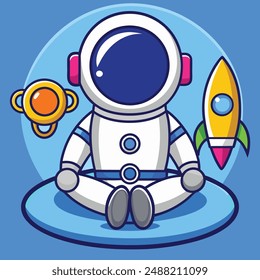 Cute Astronaut Meditating on Moon Cartoon Vector Kawaii Icon. Science Technology Illustration