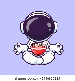 Lindo Astronauta Meditando Yoga Con Ramen Ilustración De Icono De Vector De Dibujos Animados. Ciencia Sport Icon Concept Vector Premium aislado. Estilo plano de dibujos animados