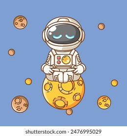 Cute astronaut meditation kawaii chibi character mascot illustration outline style set
