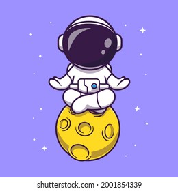 Cute Astronaut Meditation on Moon Cartoon Vector Icon Illustration. Science Technology Icon Concept Isolated Premium Vector. Flat Cartoon Style