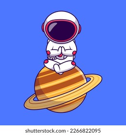 Cute Astronaut Meditation On Planet Cartoon Vector Icons Illustration. Flat Cartoon Concept. Suitable for any creative project.
