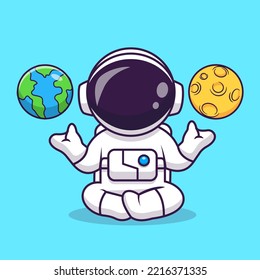 Cute Astronaut Meditation Yoga With Moon And Earth Cartoon Vector Icon Illustration. Science Technology Icon Concept Isolated Premium Vector. Flat Cartoon Style