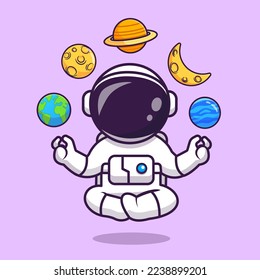 Meditación Astronauta Astronauta Yoga Con Ilustración De Icono De Vector De Caricaturas De Luna, Tierra Y Planeta. Concepto de icono deportivo de ciencia Vector Premium aislado. Estilo de dibujo plano