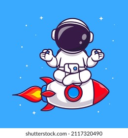 Cute Astronaut Meditation Yoga On Rocket Cartoon Vector Icon Illustration. Science Sport Icon Concept Isolated Premium Vector. Flat Cartoon Style