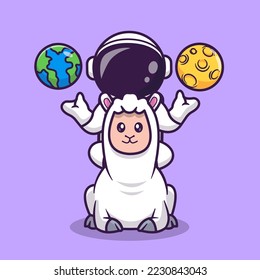 Cute Astronaut Meditation Yoga On Llama Alpaca With Globe Earth And Moon Cartoon Vector Icon Illustration. Science Animal Icon Concept Isolated Premium Vector. Flat Cartoon Style