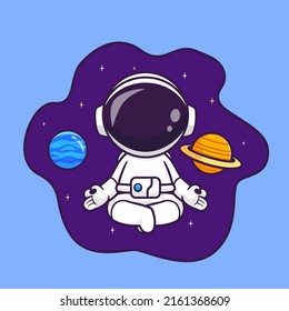 Cute Astronaut Meditation Yoga In Space With Planet Cartoon Vector Icon Illustration. Science Technology Icon Concept Isolated Premium Vector. Flat Cartoon Style