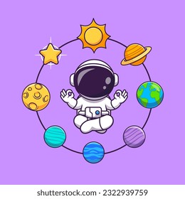 Cute Astronaut Meditation Yoga With Sun, Planet And Star In Space Cartoon Vector Icon Illustration. Science Sport Icon Concept Isolated Premium Vector. Flat Cartoon Style