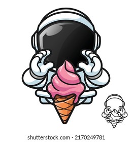 Cute Astronaut With Melting Ice Cream In Waffle Cone With Black And White Line Art Drawing, Science Outer Space, Vector Character Illustration, Outline Cartoon Mascot Logo In Isolated White Background