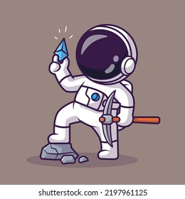 Cute Astronaut Mining Diamond Cartoon Vector Icon Illustration Science Finance Icon Concept Isolated Premium Vector. Flat Cartoon Style