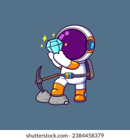 Cute Astronaut Mining Diamond Cartoon character of illustration
