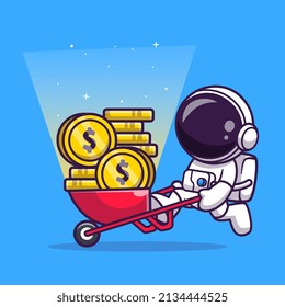 Cute Astronaut Mining Gold Coin Cartoon Vector Icon Illustration. Science Finance Icon Concept Isolated Premium Vector. Flat Cartoon Style