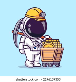 Cute Astronaut Mining Gold Coin Cartoon Vector Icon Illustration. Science Finance Icon Concept Isolated Premium Vector. Flat Cartoon Style