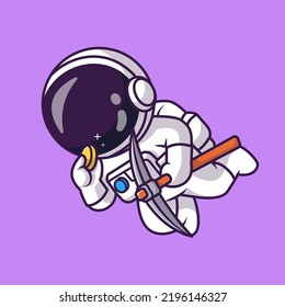 Cute Astronaut Mining Gold Coin With Pickaxe Cartoon Vector Icon Illustration. Science Finance Icon Concept Isolated Premium Vector. Flat Cartoon Style