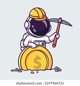 Cute Astronaut Mining Gold Coin Cartoon Vector Icon Illustration Science Finance Icon Concept Isolated Premium Vector. Flat Cartoon Style