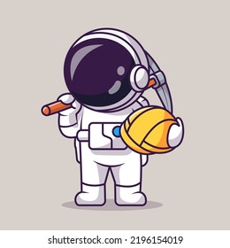 Cute Astronaut Mining With Pickaxe And Helmet Cartoon Vector Icon Illustration. Science Finance Icon Concept Isolated Premium Vector. Flat Cartoon Style