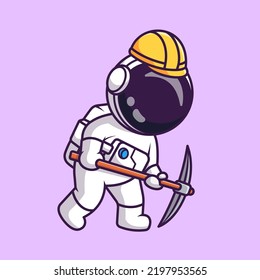 Cute Astronaut Mining With Pickaxe And Helmet Cartoon Vector Icon Illustration. Science Finance Icon Concept Isolated Premium Vector. Flat Cartoon Style