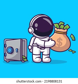 Cute Astronaut With Money Bag And Safe Deposit Box Cartoon Vector Icon Illustration Science Finance Icon Concept Isolated Premium Vector. Flat Cartoon Style