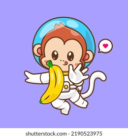 Cute Astronaut Monkey Catching Banana In Space Cartoon Vector Icon Illustration. Science Animal Icon Concept Isolated Premium Vector. Flat Cartoon Style
