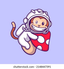 Cute Astronaut Monkey Floating With Mushroom Cartoon Vector Icon Illustration. Animal Nature Icon Concept Isolated Premium Vector. Flat Cartoon Style 