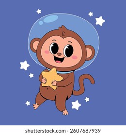 Cute astronaut monkey holding star cartoon